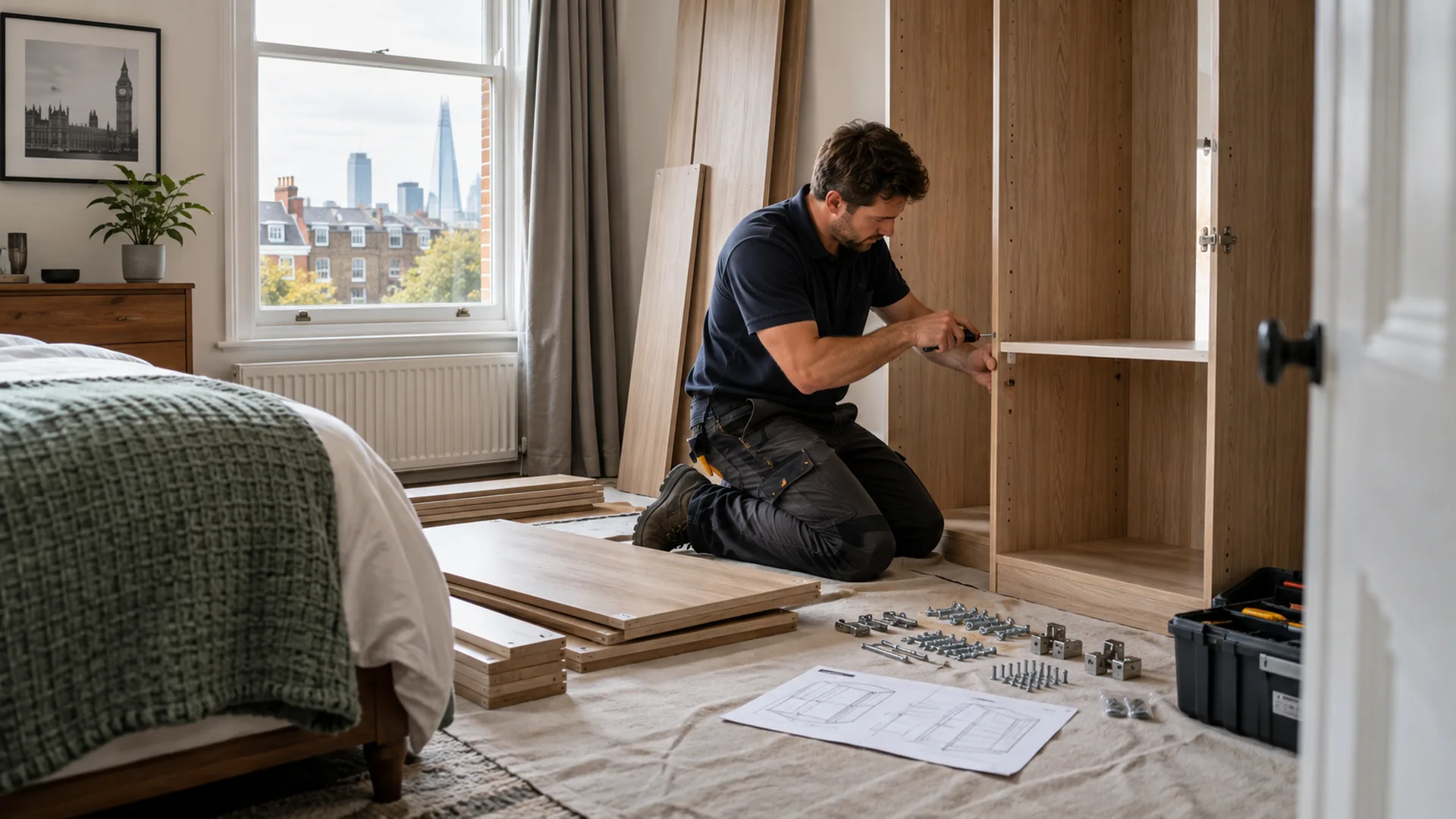 Handyman assembling a tall storage unit