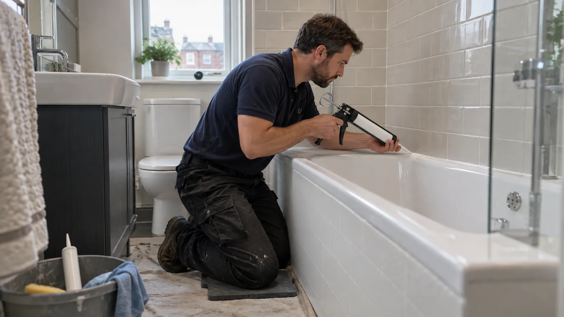Professional attending to the seal around a bath