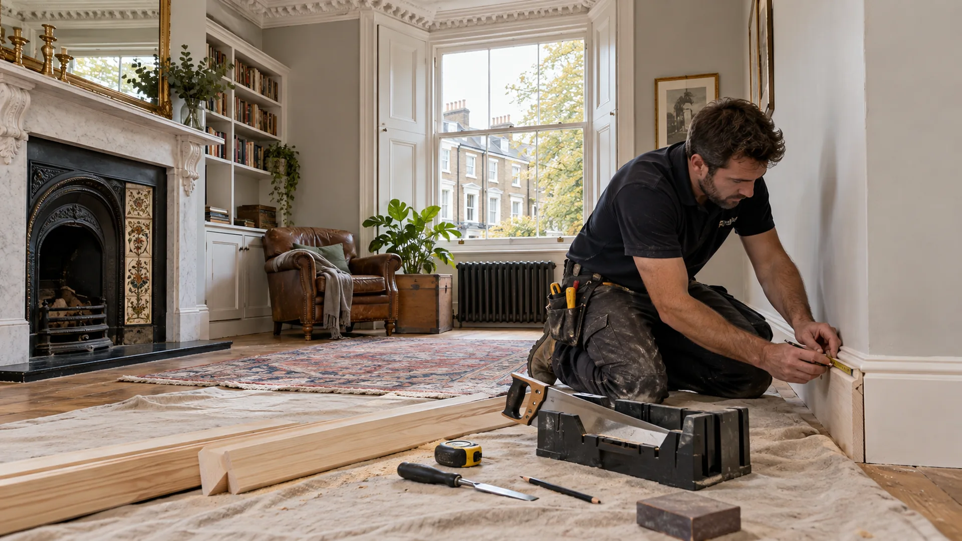 Professional working carefully on interior timber trim