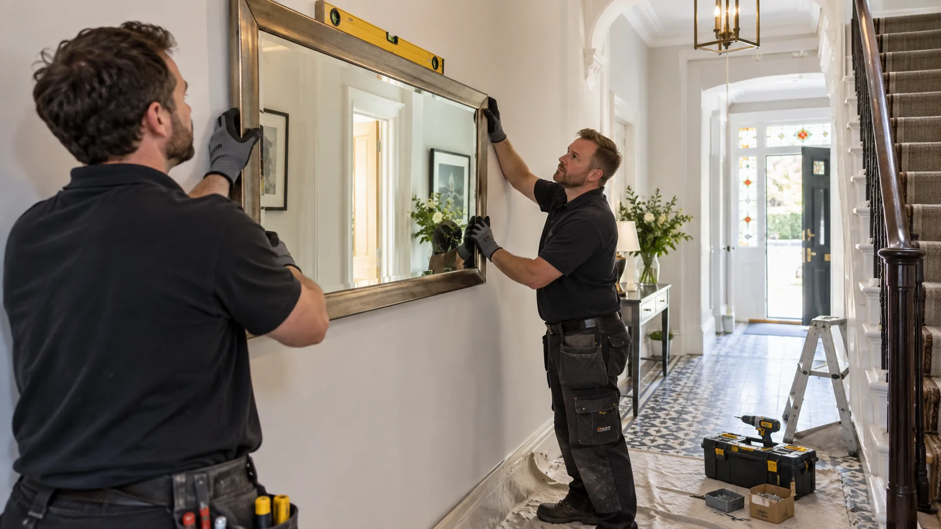 Professional positioning a framed mirror against an interior wall