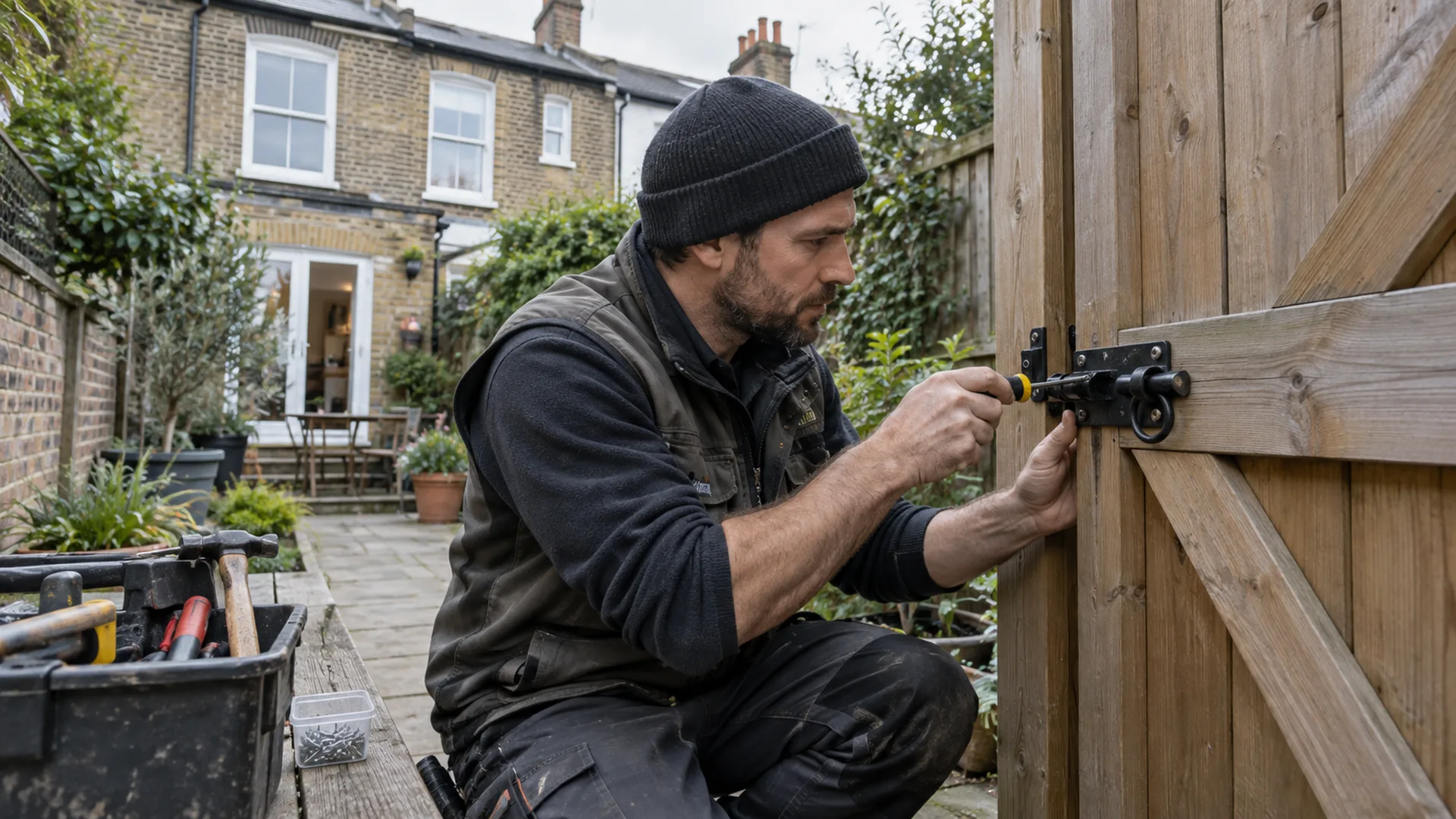 Handyman repairing an ordinary timber garden gate