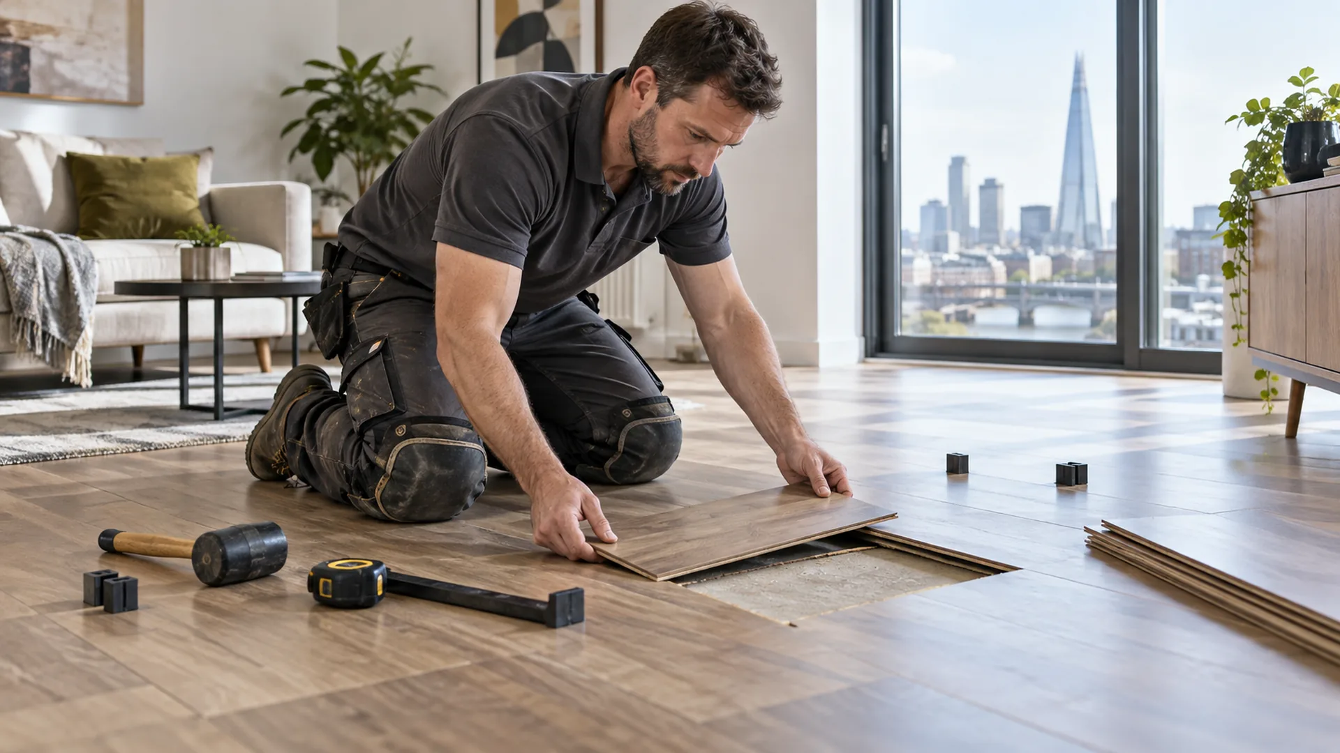 Maintenance worker assessing a damaged section of interior flooring