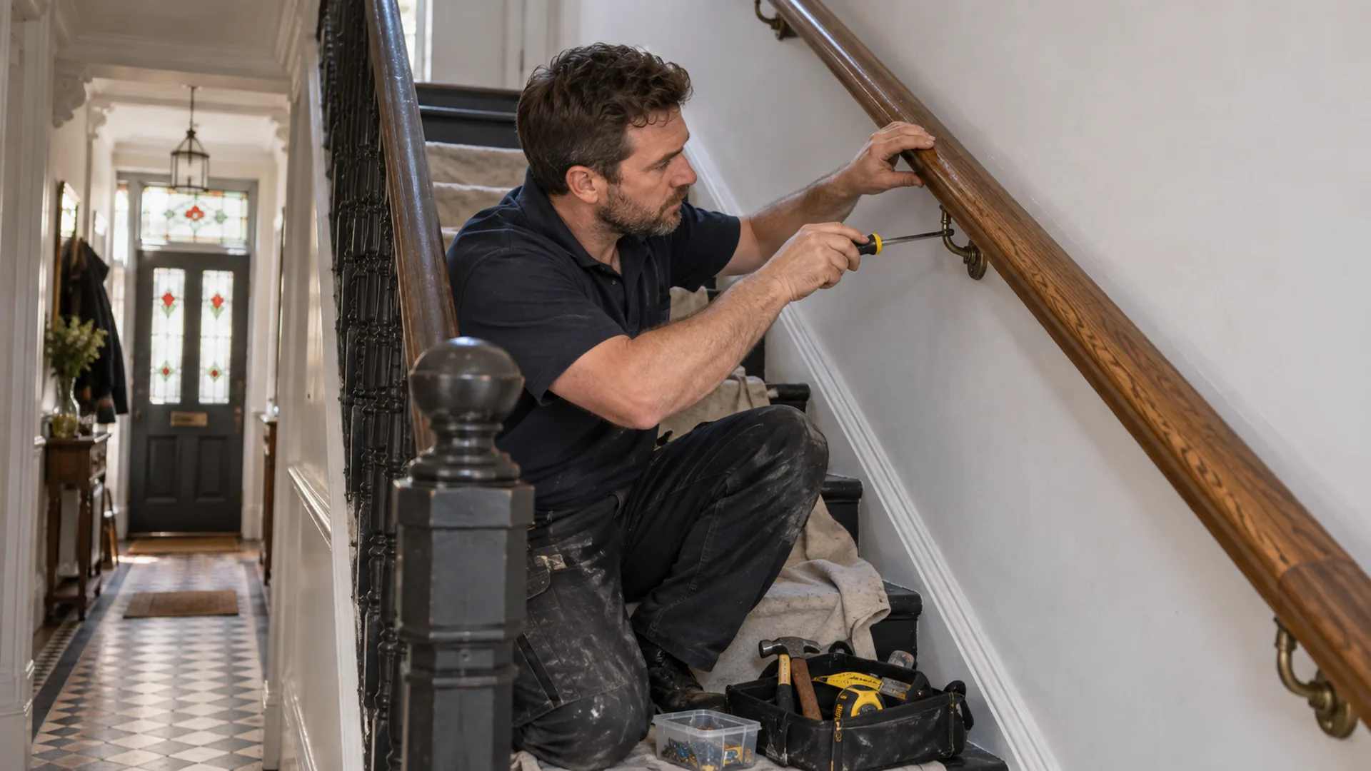 Professional checking a timber stair handrail
