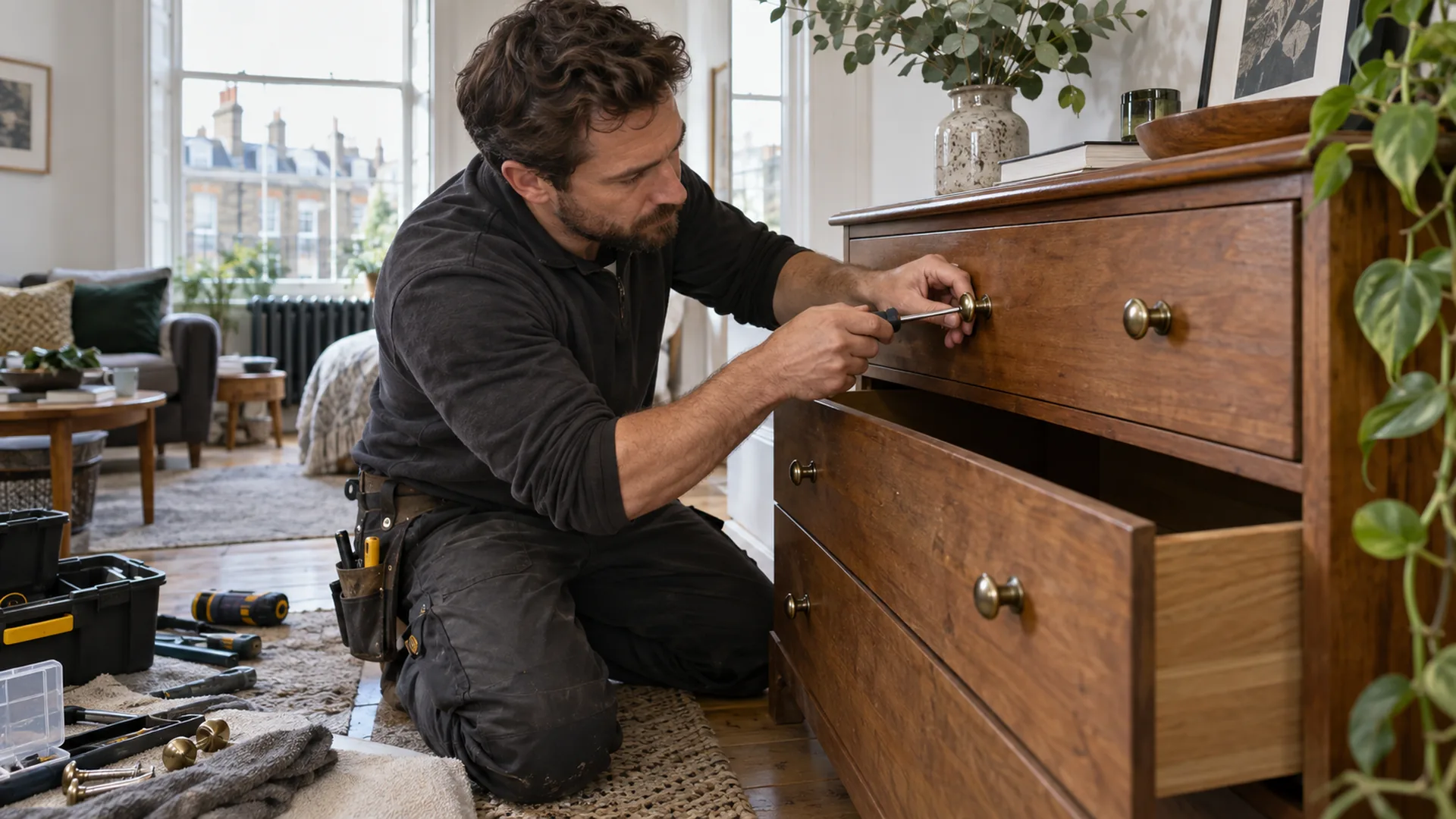 Maintenance professional examining and adjusting furniture hardware
