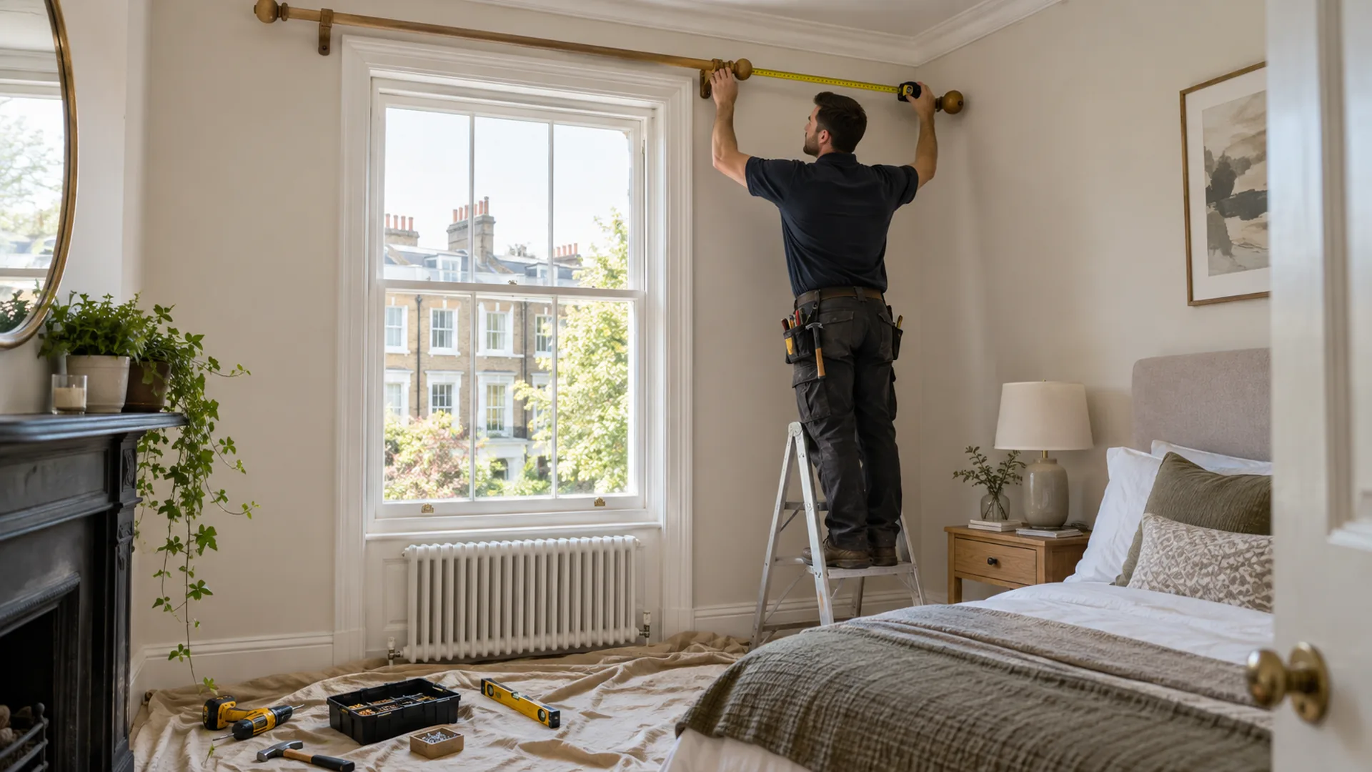 Handyman measuring an interior curtain pole position