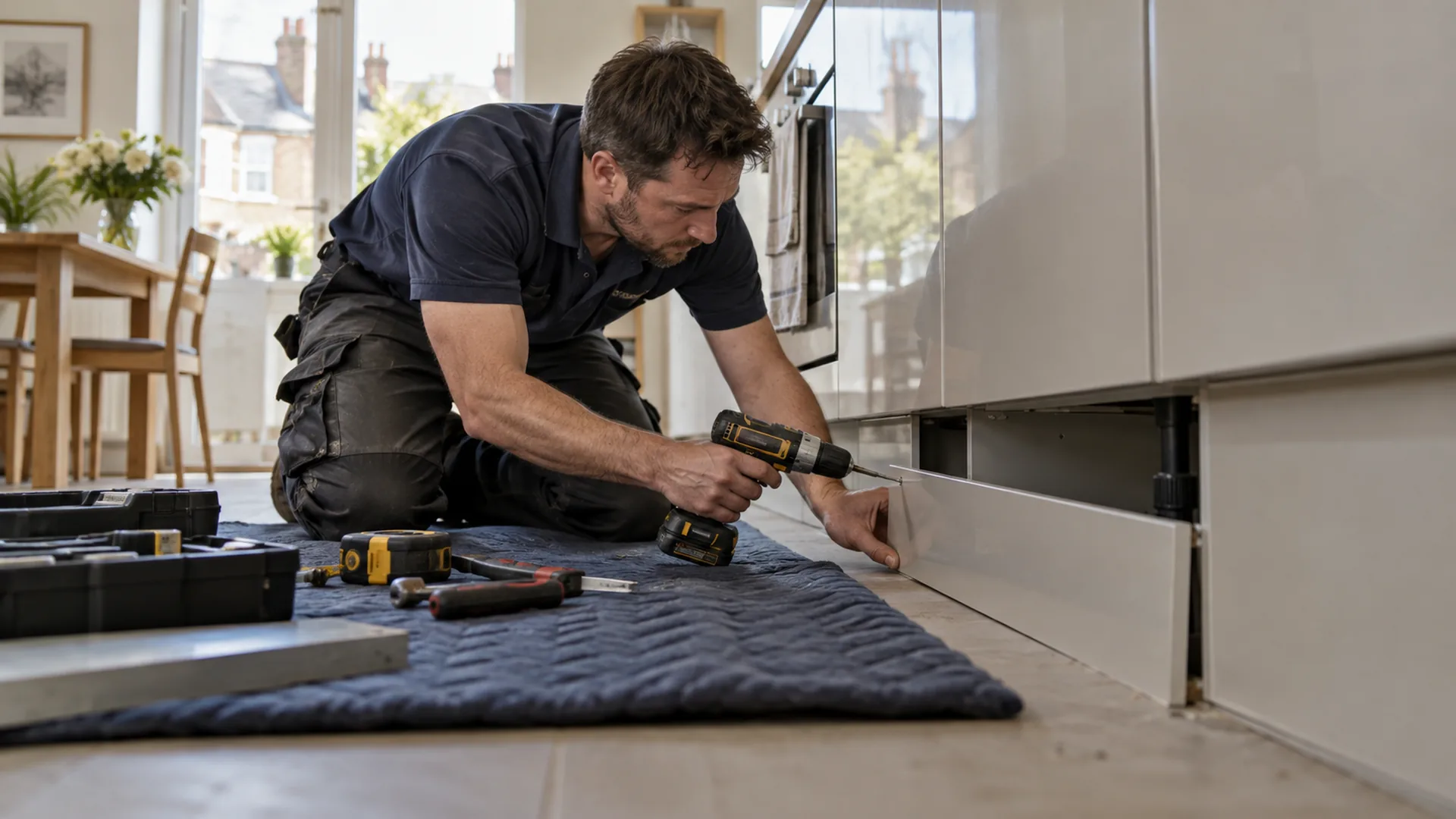 Handyman checking a removable kitchen plinth