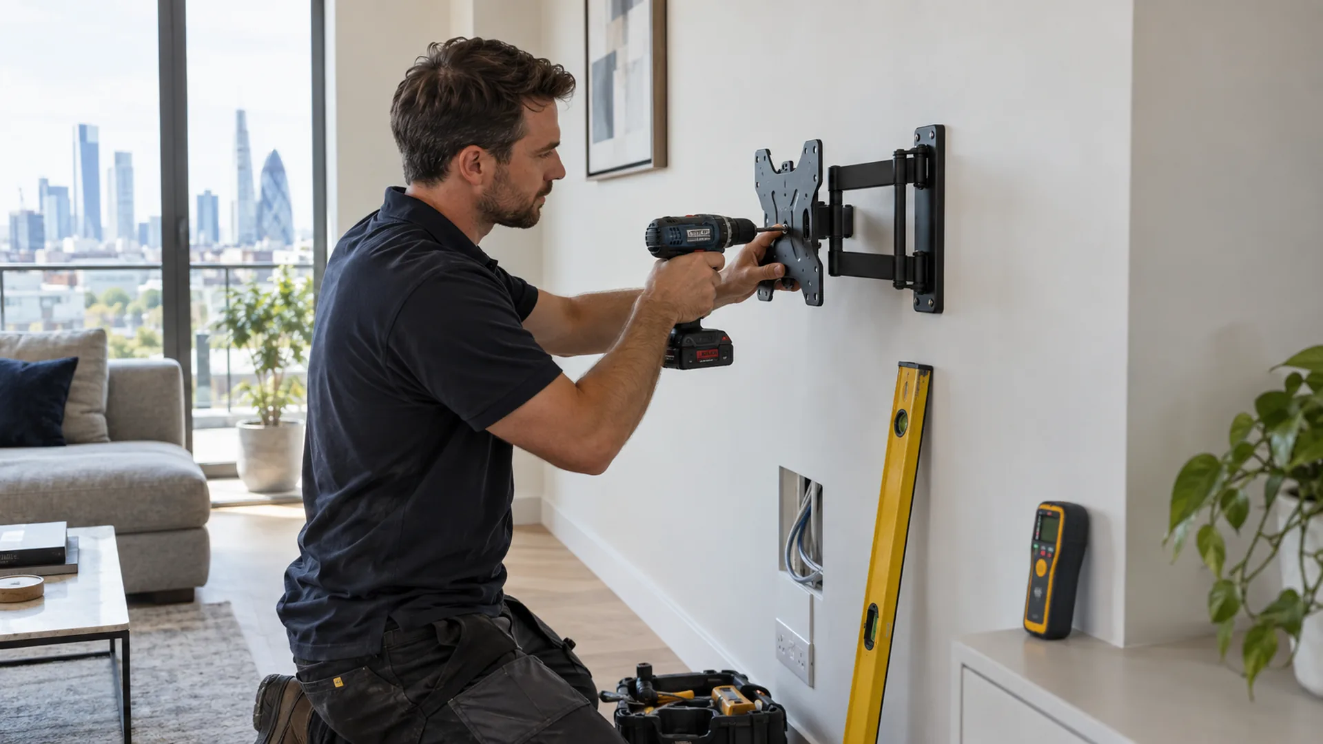 Handyman positioning a television mounting bracket