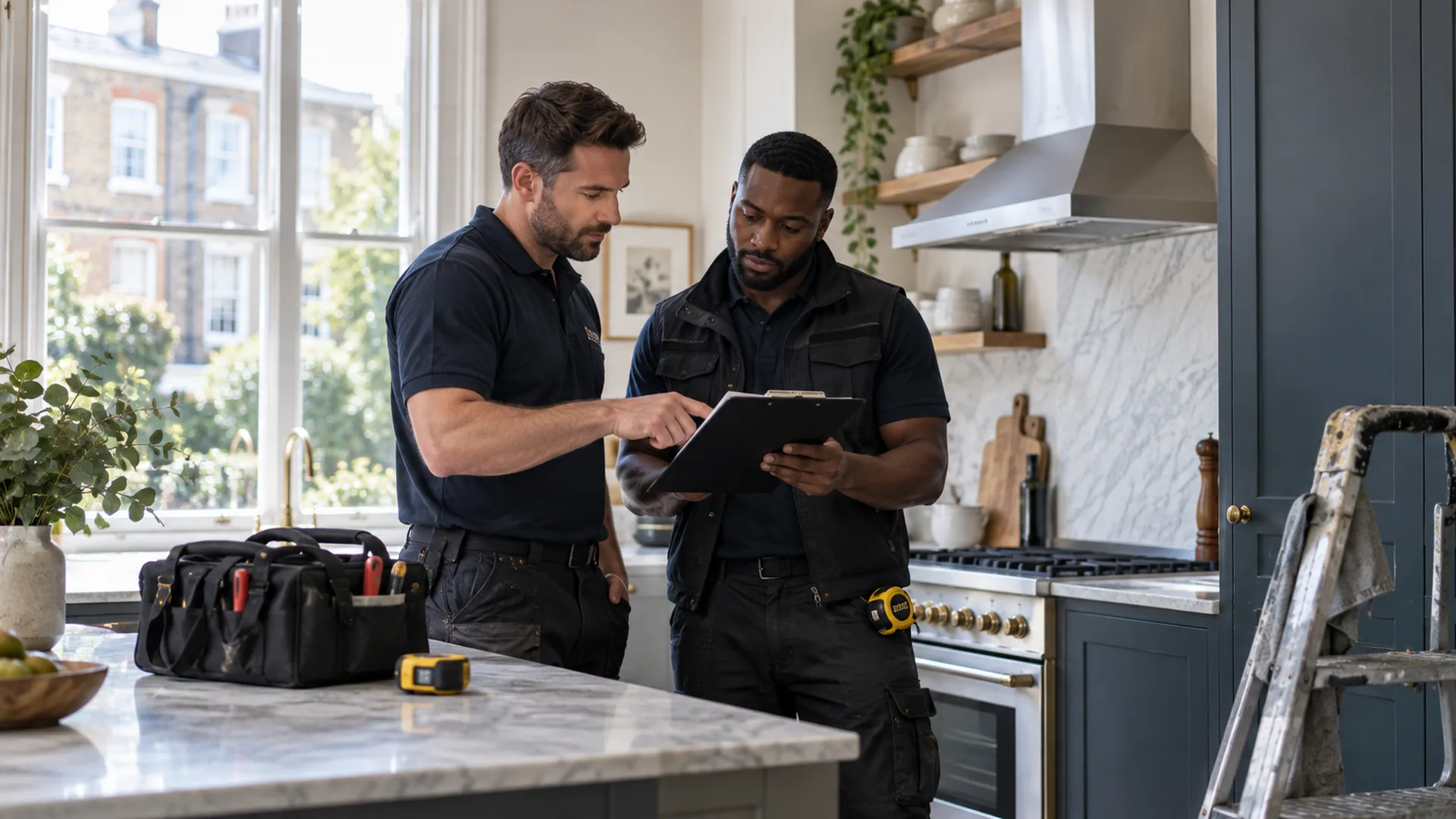 Two maintenance professionals reviewing a household work plan