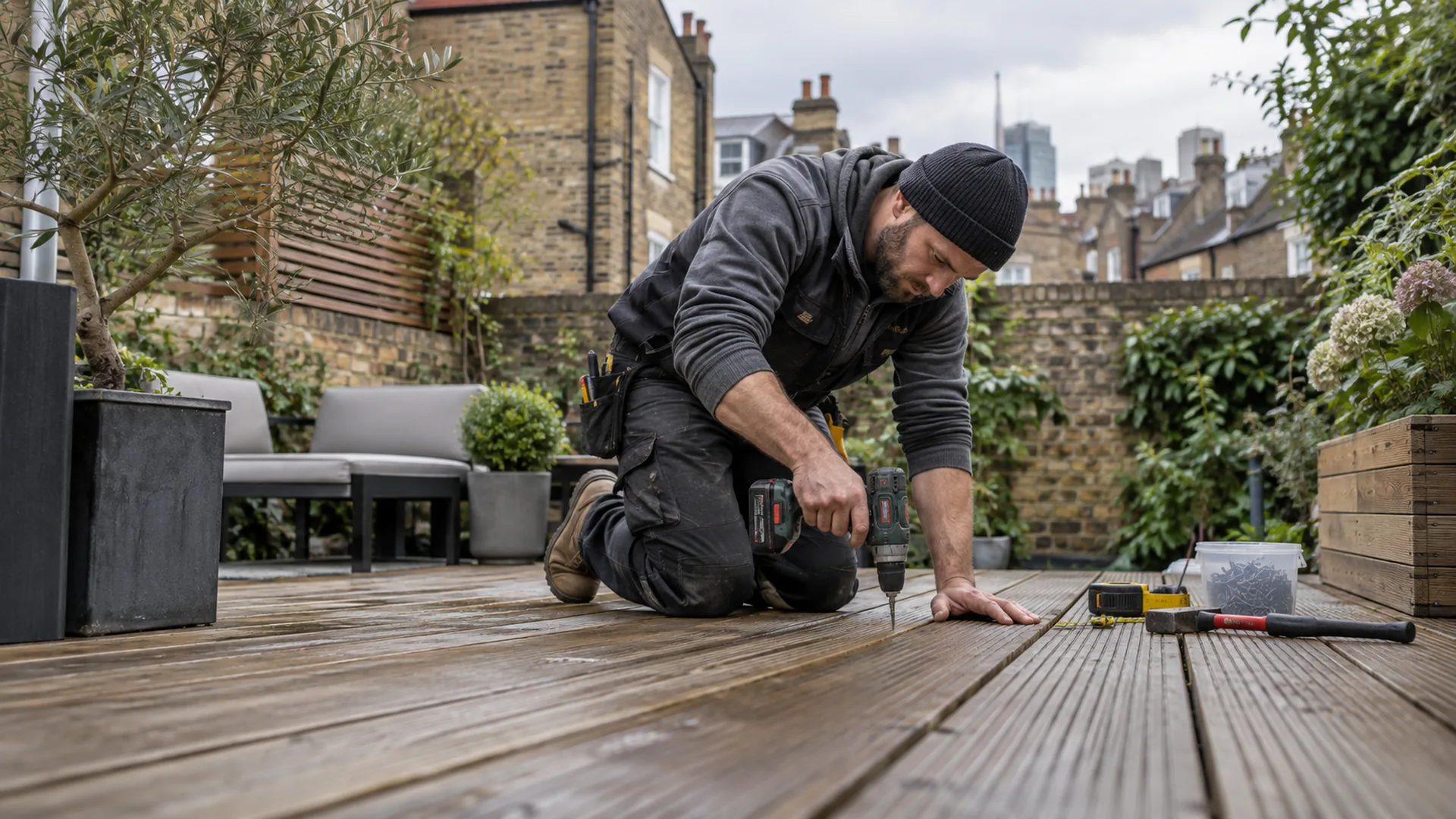 Professional working on timber decking