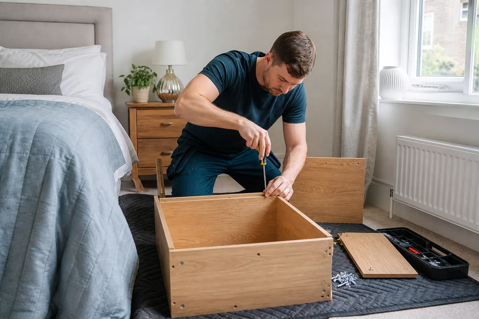 Handyman comparing material samples beside fitted joinery