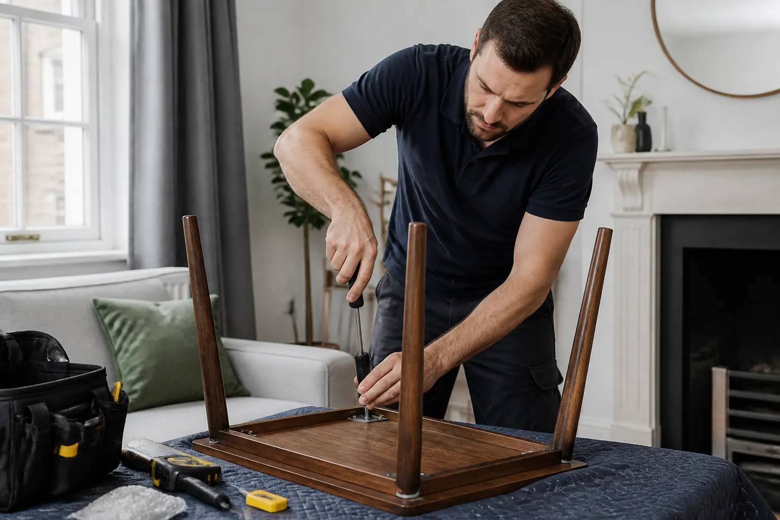 Handyman preparing tools at the entrance to a suburban London home
