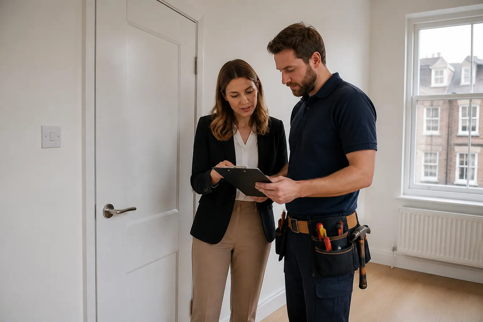 Resident demonstrating the normal use of a cupboard while a handyman takes notes