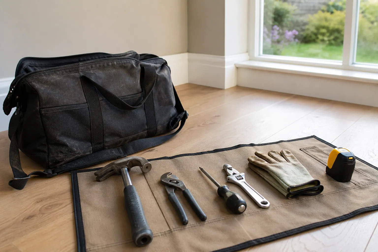 Handyman checking measurements in a bright family living room