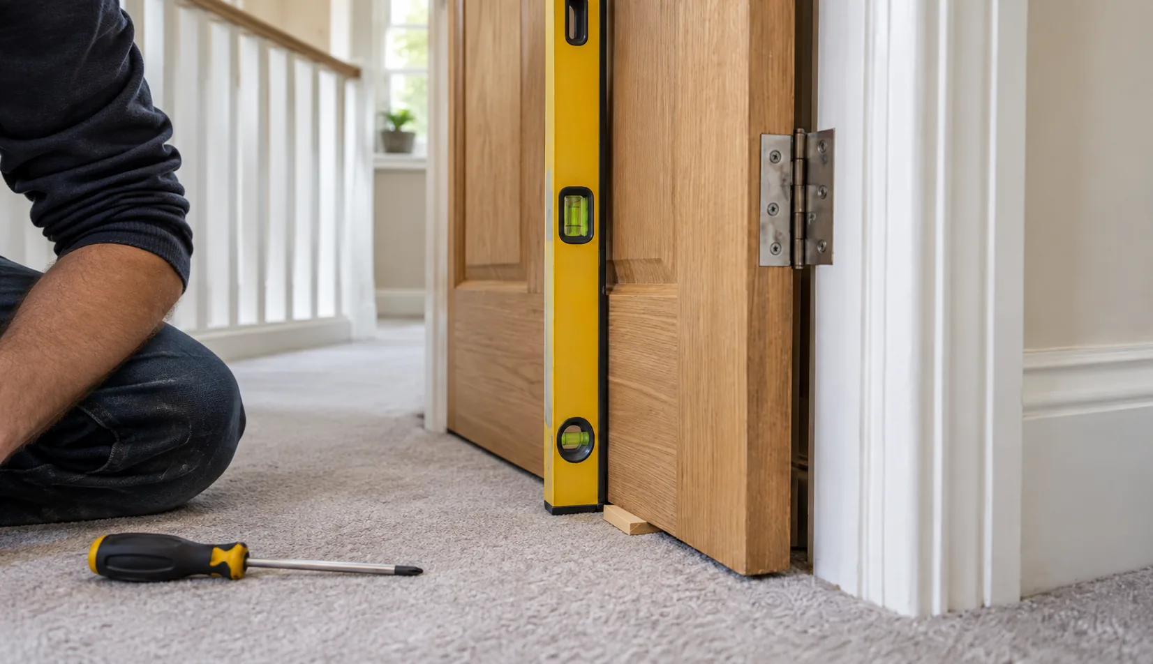 Spirit level and timber wedge used to check an internal door gap