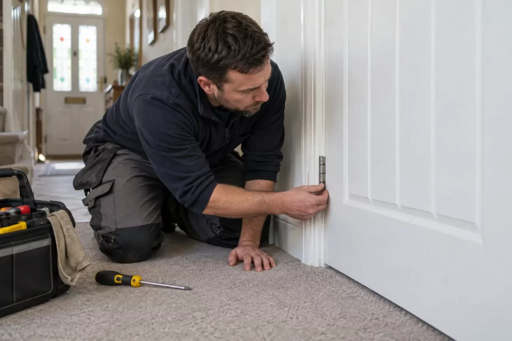 Handyman checking the clearance beneath an internal wooden door