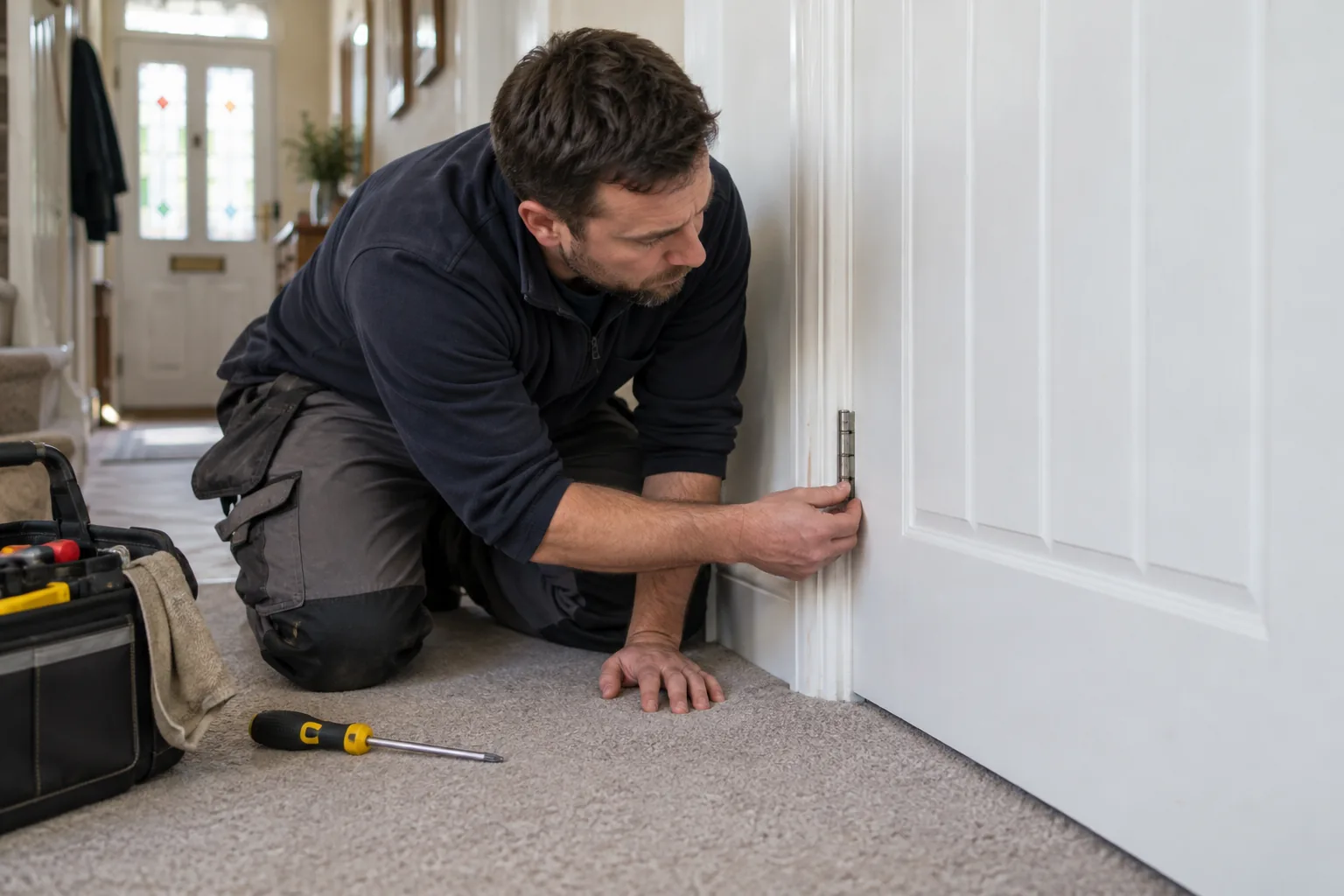 Handyman checking the clearance beneath an internal wooden door