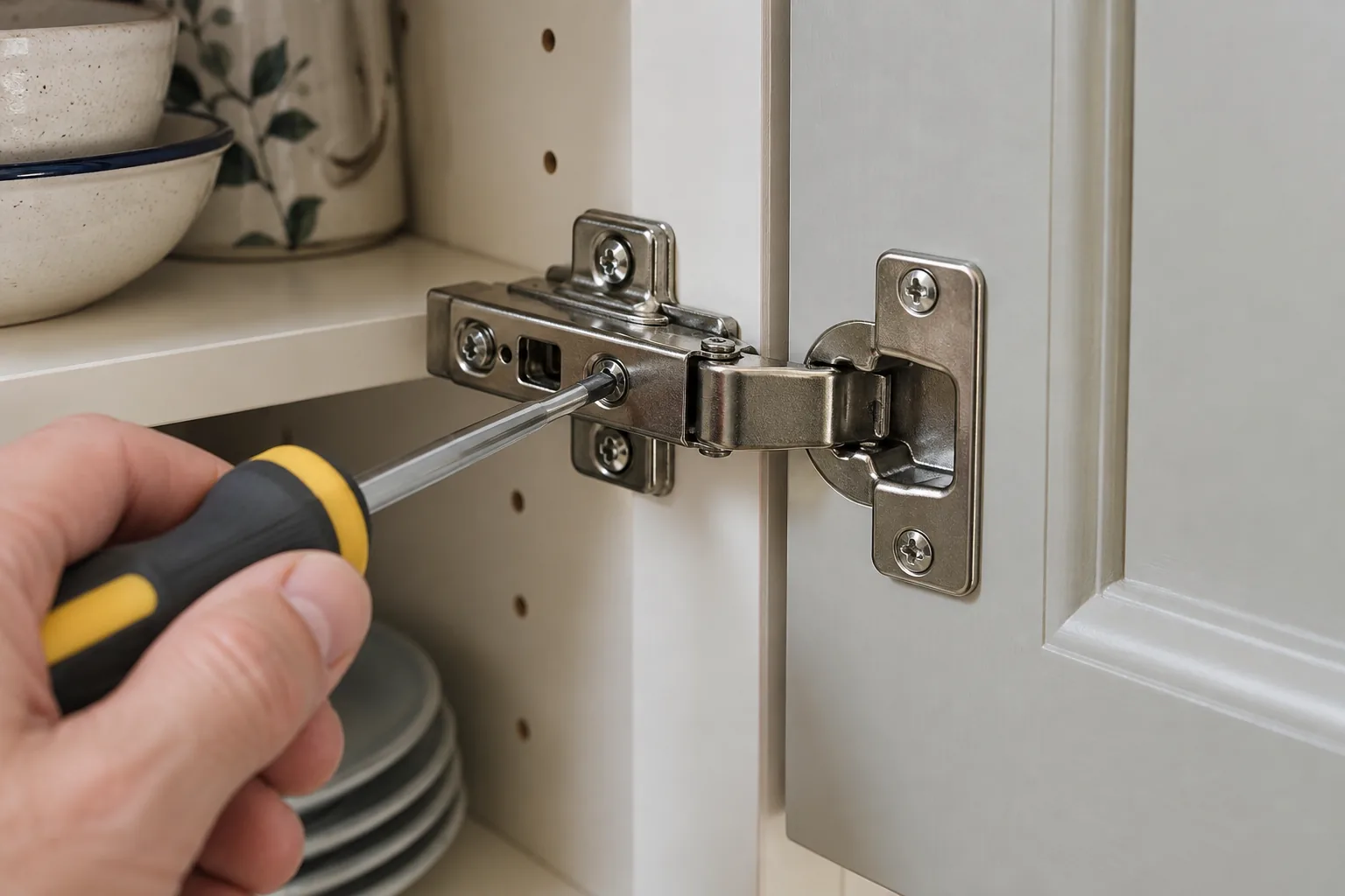 Adjustment screws on a concealed kitchen cupboard hinge