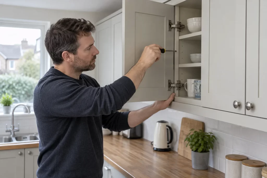 Misaligned kitchen cupboard doors being checked before hinge adjustment