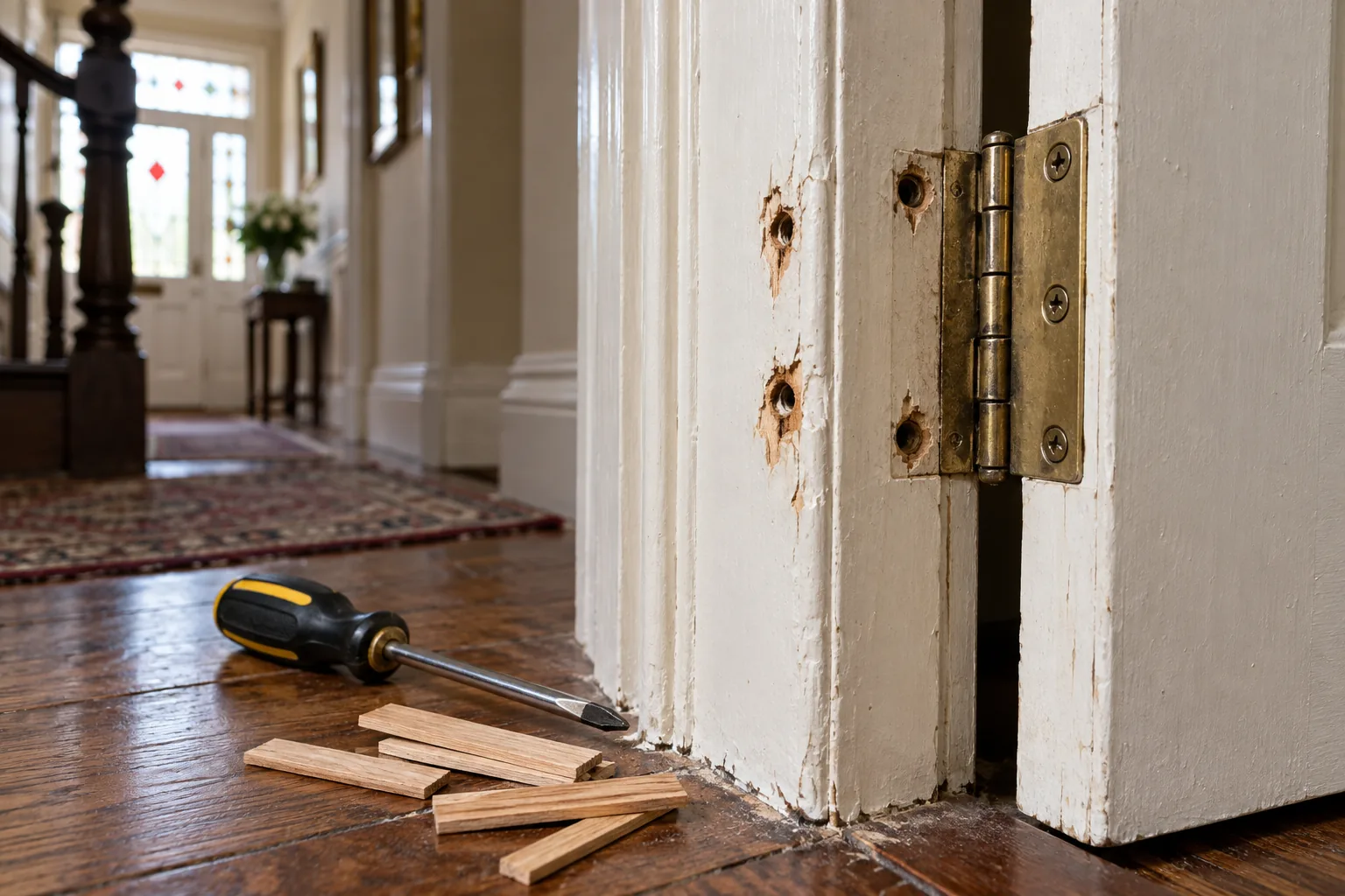 Loose hinge beside stripped screw holes in a painted timber door frame