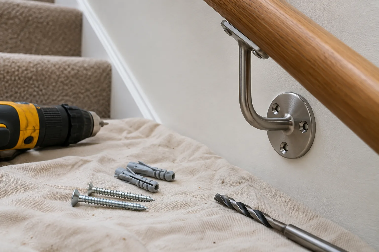 Handrail bracket with suitable screws and wall fixing prepared for installation