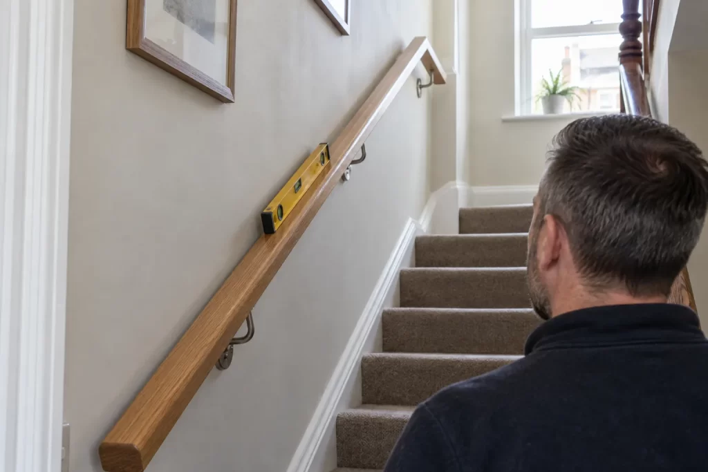 Loose wooden stair handrail being inspected in a British terraced house