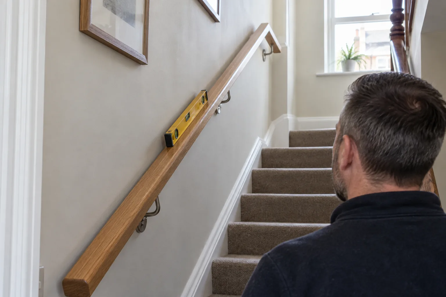 Loose wooden stair handrail being inspected in a British terraced house