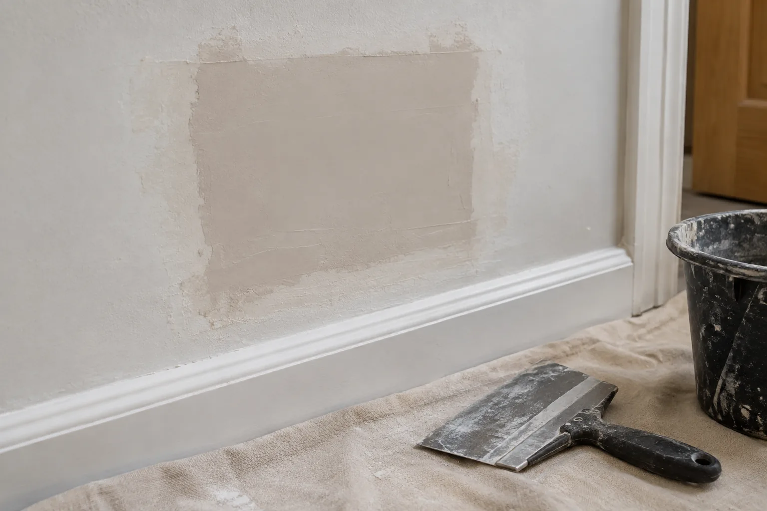 First filler coat feathered across a plasterboard mesh patch