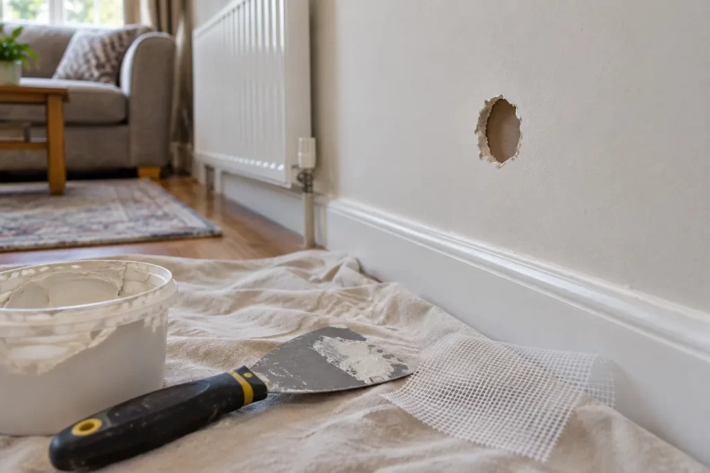 Small damaged area in plasterboard prepared for a patch repair