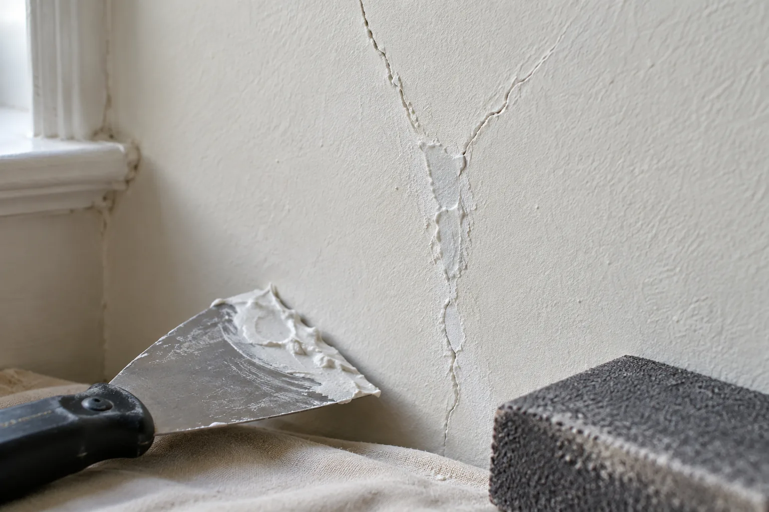 Prepared plaster crack partly filled with flexible decorator filler