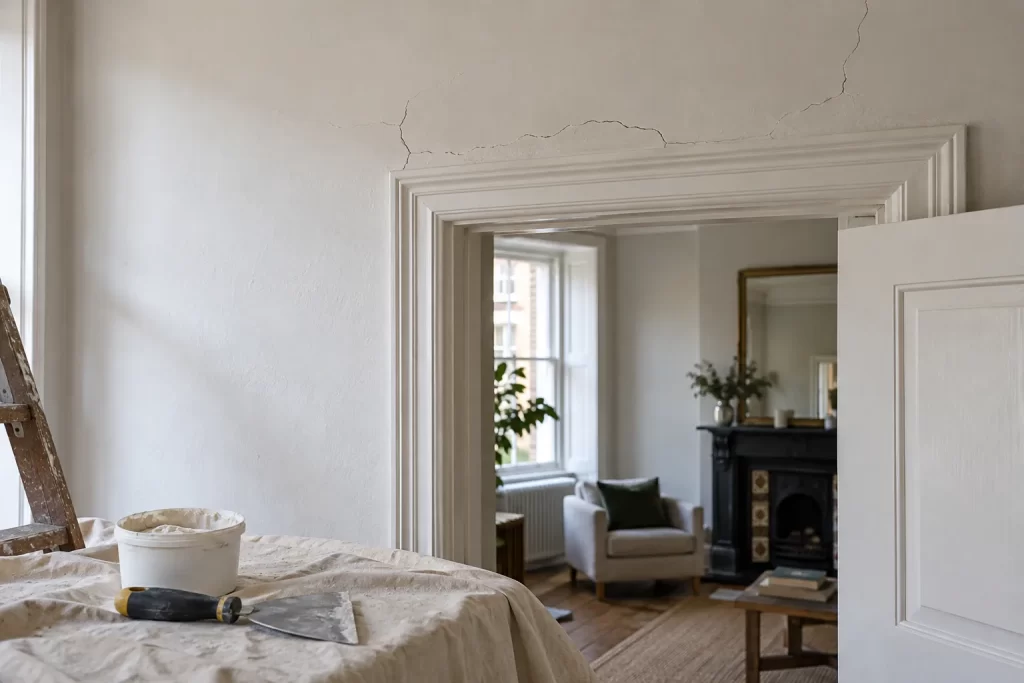 Fine plaster cracks above a doorway being assessed before decorating