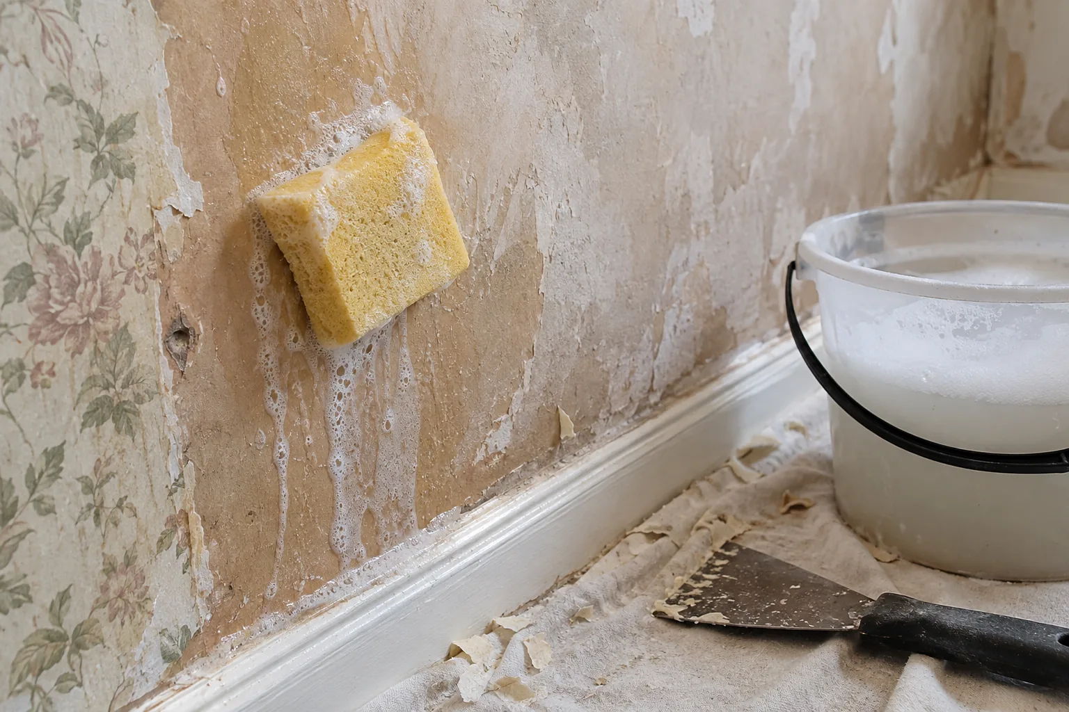 Wallpaper paste residue being washed from a plaster wall before decorating