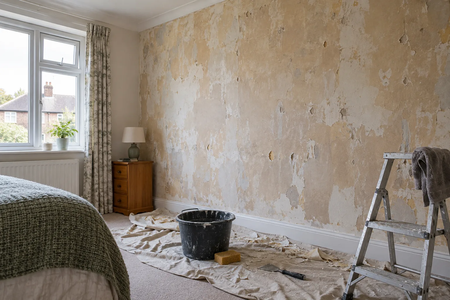 Stripped wallpaper wall showing paste residue and small surface defects