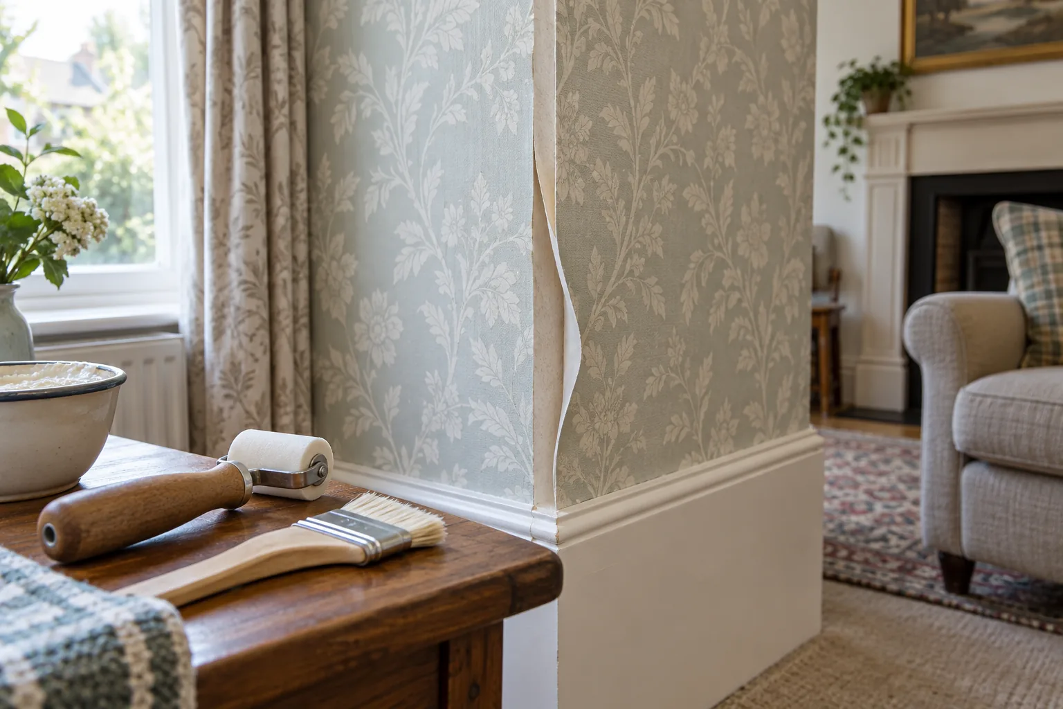 Lifted wallpaper seam at an internal corner with repair tools nearby