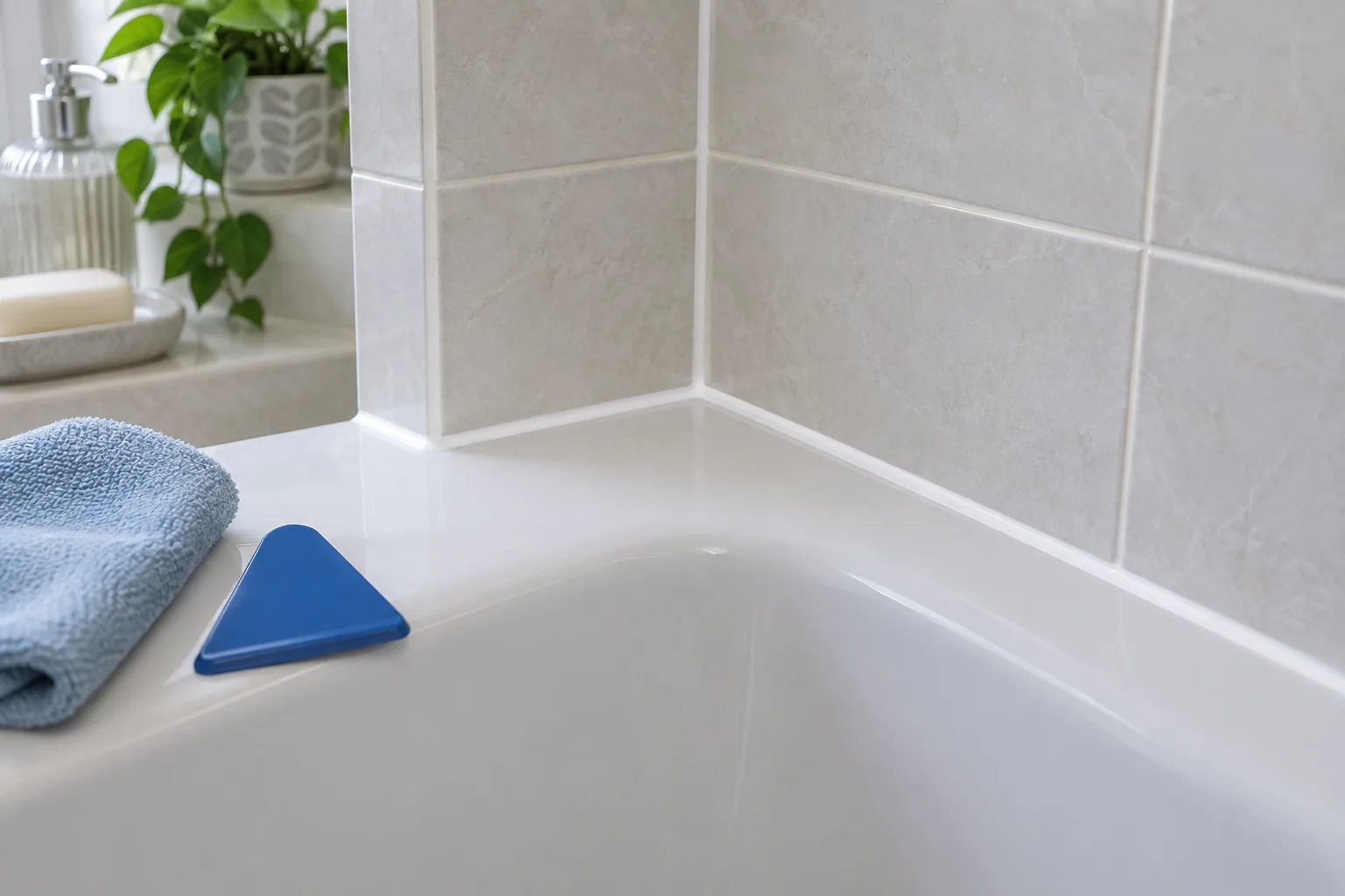 Smooth new sanitary silicone bead sealing the corner of a tiled bath
