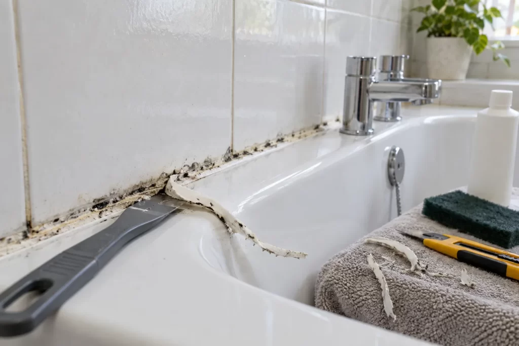 Failed mould-stained silicone seal around a white bath ready for removal
