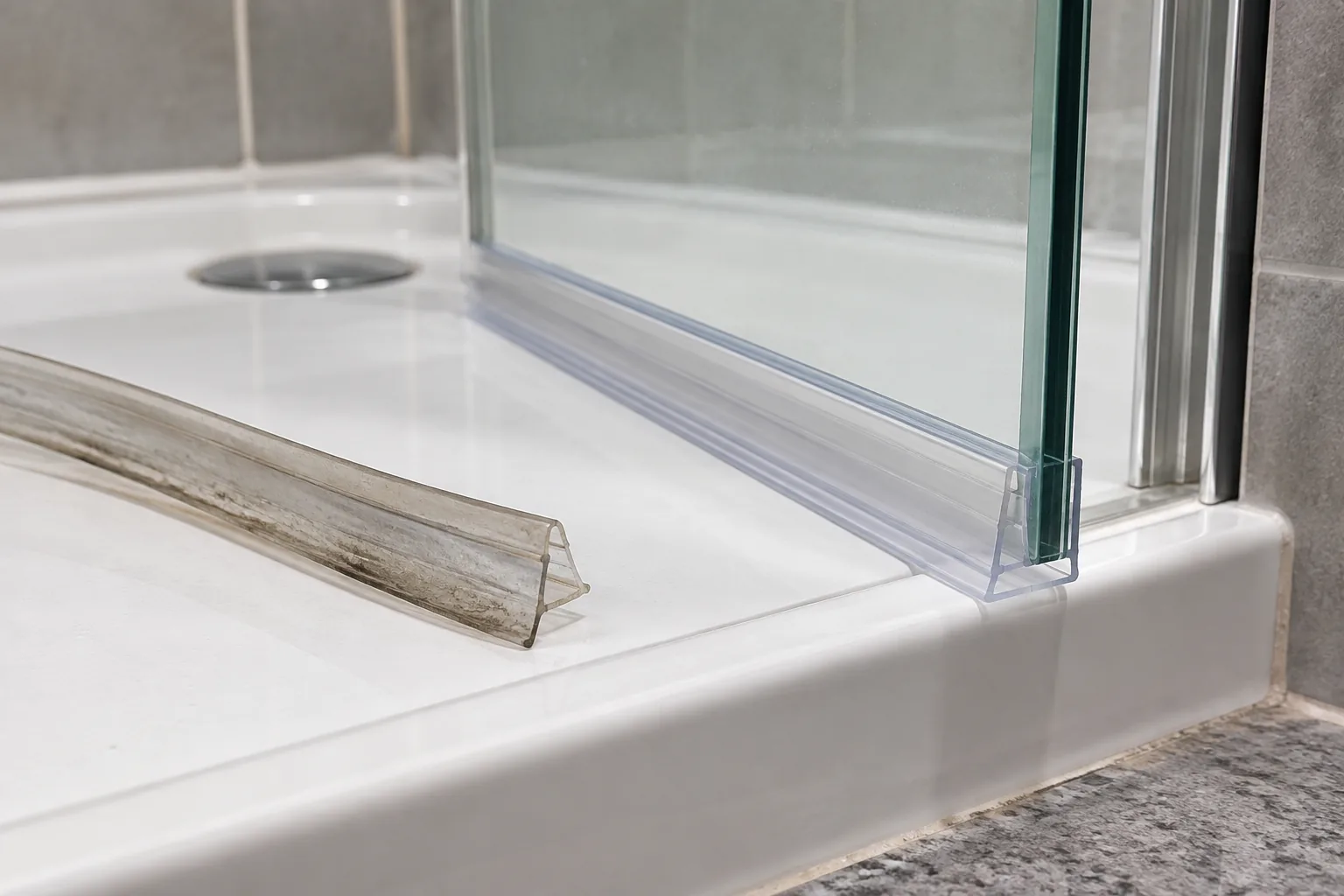 New clear shower screen bottom seal aligned with the clean glass edge