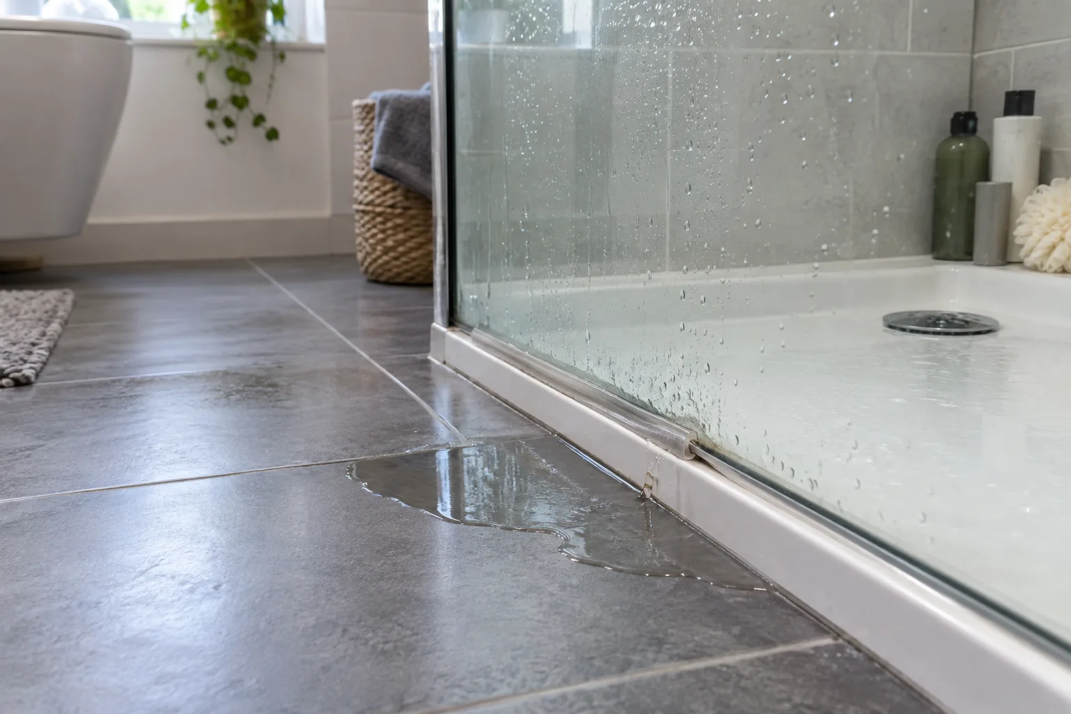 Water escaping beneath a worn clear shower screen seal