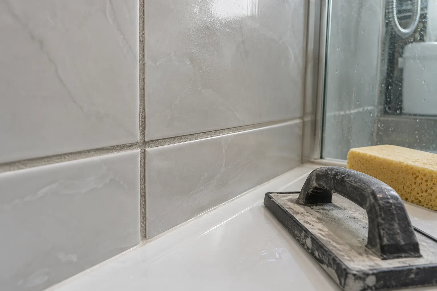 Freshly finished grout joint between clean bathroom tiles