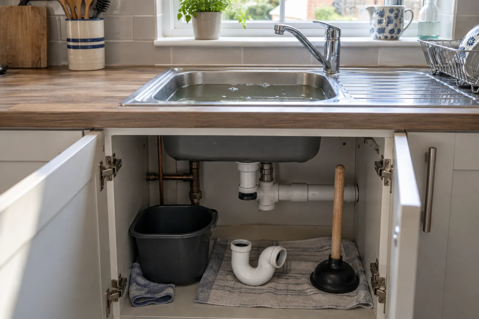 Water draining slowly from a stainless-steel sink in a British kitchen