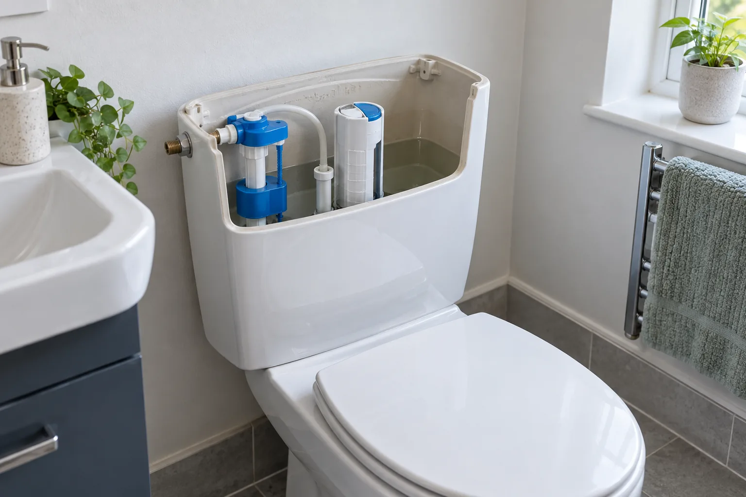 Open toilet cistern showing the fill and flush mechanisms in a UK bathroom