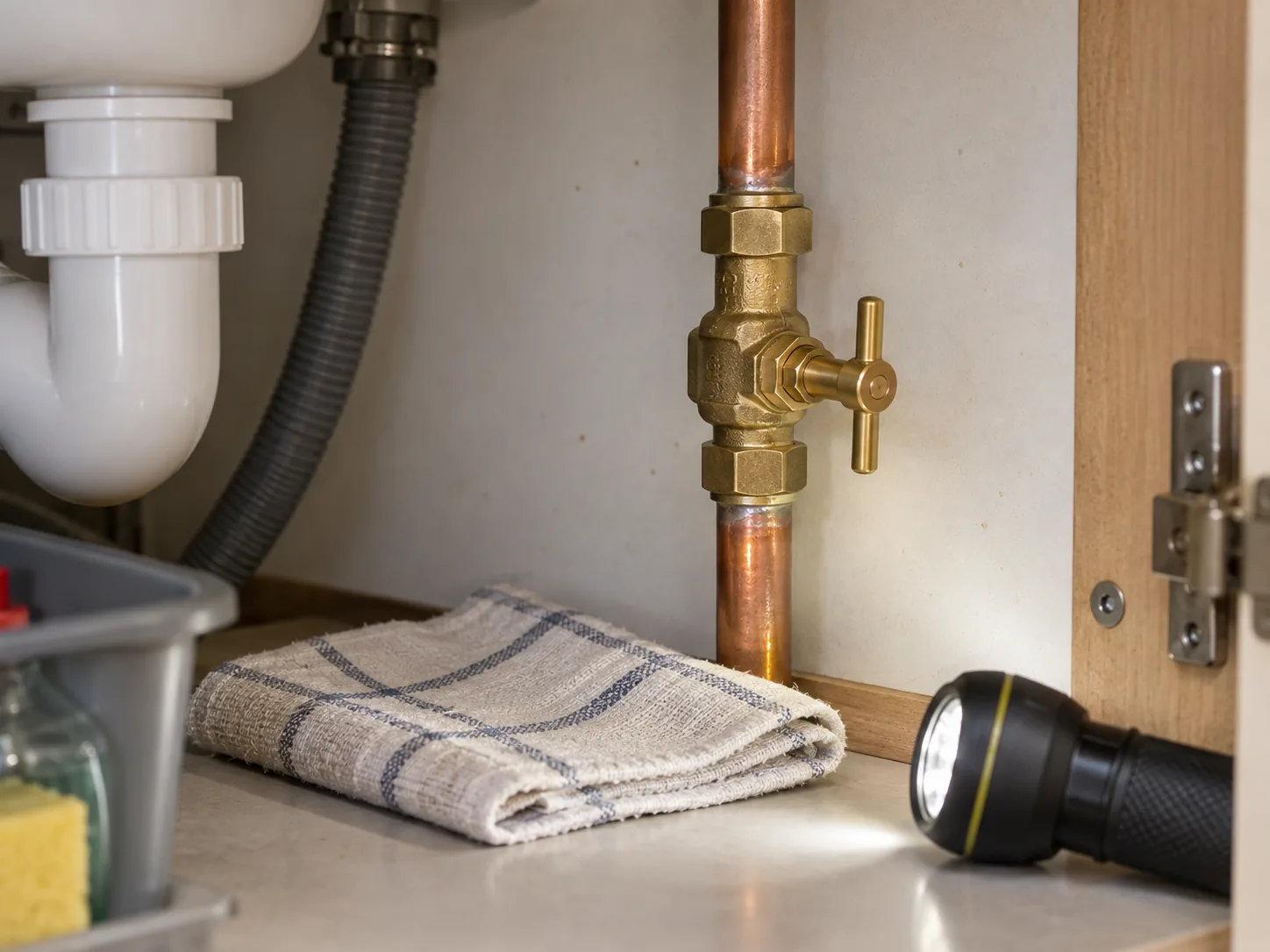 Accessible brass stopcock illuminated for inspection inside a sink cupboard