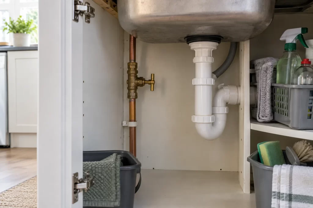 Brass indoor stopcock on a copper mains pipe beneath a UK kitchen sink