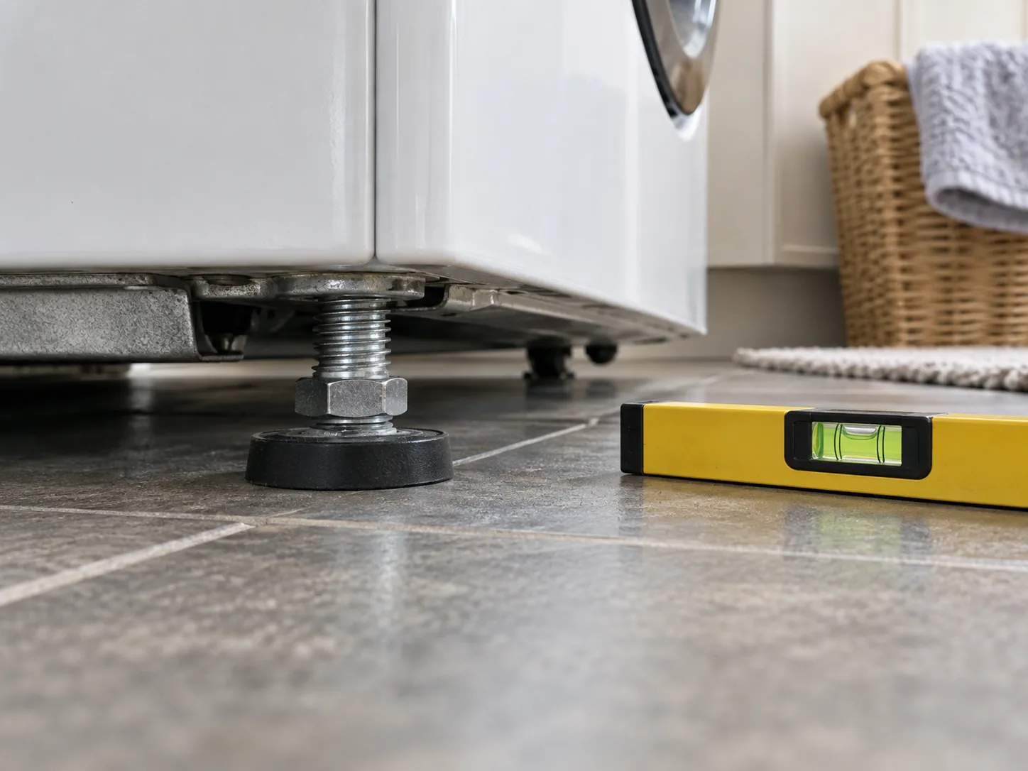 Adjustable washing-machine foot and locknut beside a spirit level on tiled flooring