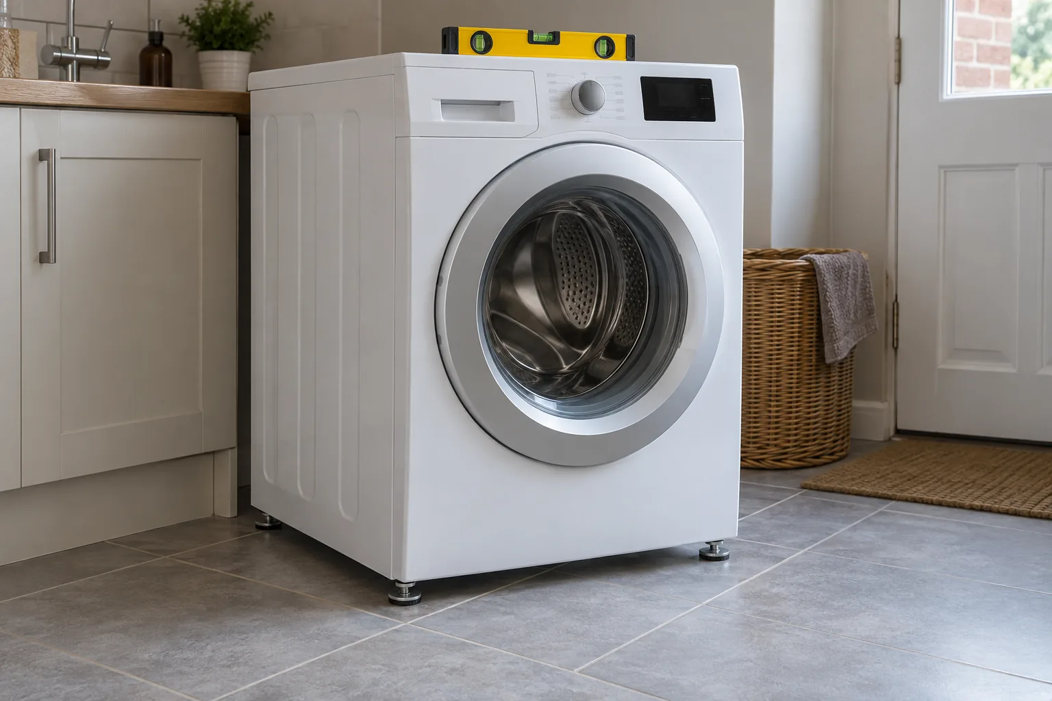 Front-loading washing machine with a spirit level on top in a UK utility room