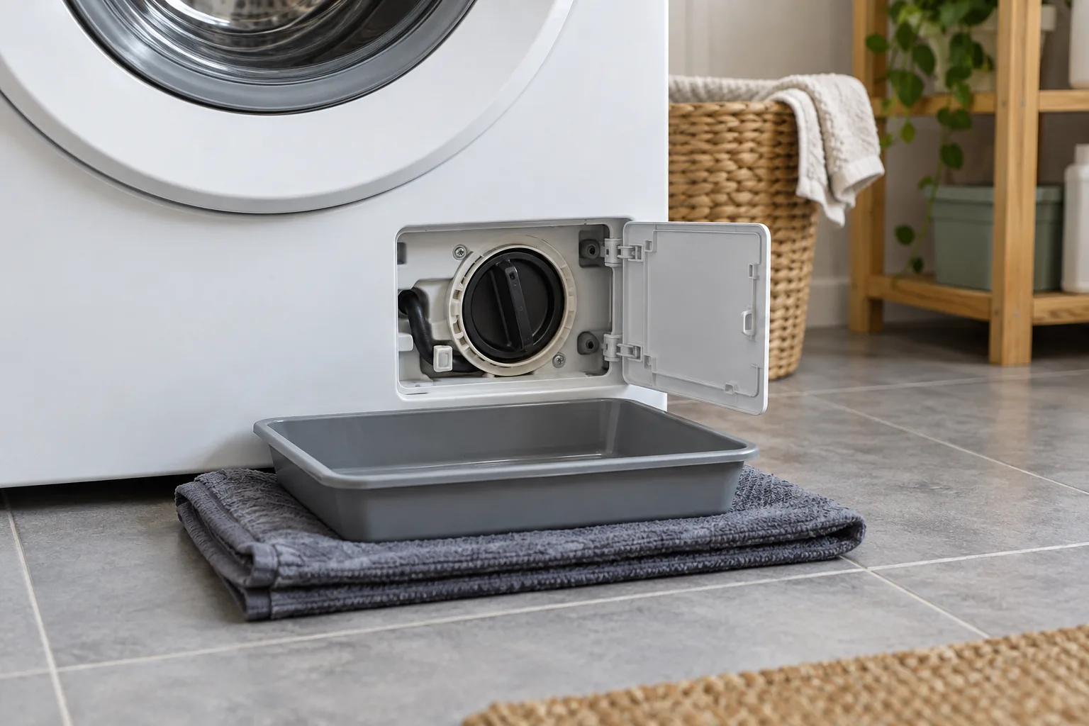 Washing-machine pump-filter flap open above a tray and towels