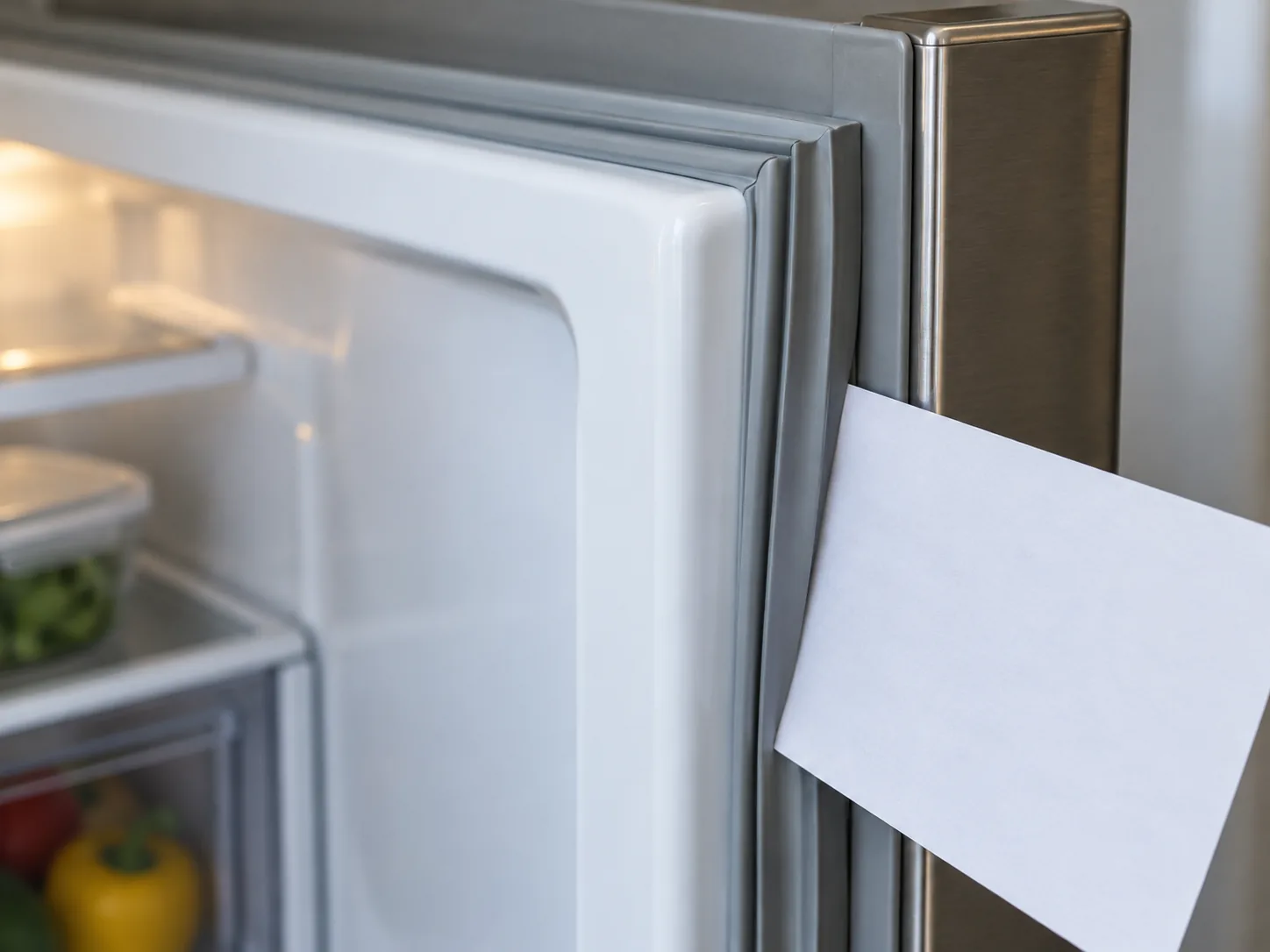 Plain paper held by a closed refrigerator gasket during a seal test