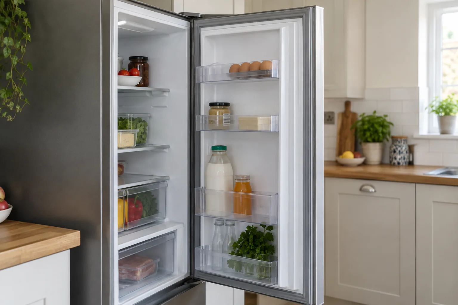 Open refrigerator showing the full grey door gasket in a British kitchen