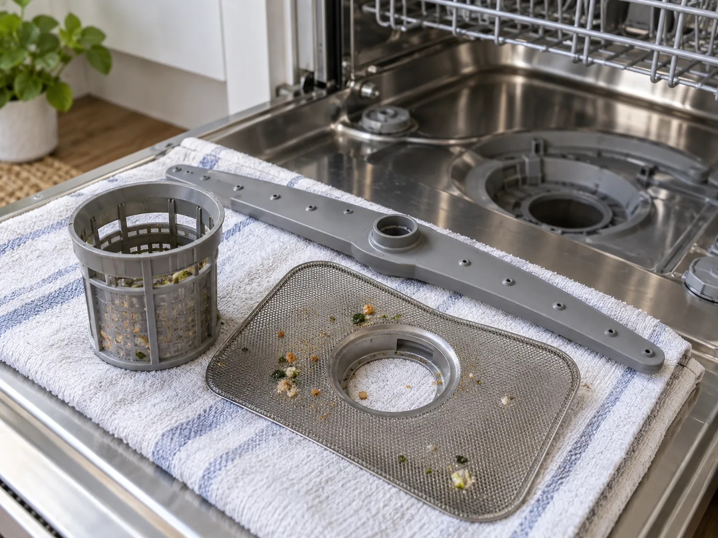 Dishwasher filter screen and lower spray arm removed for cleaning on a towel