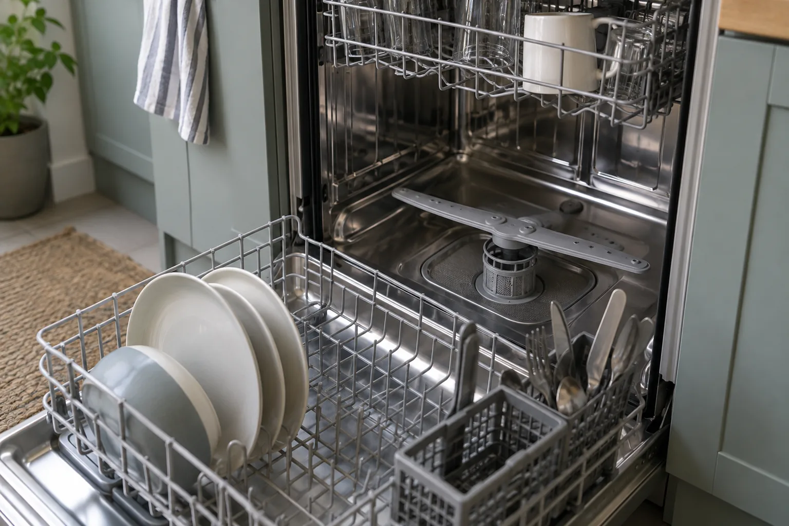 Open built-in dishwasher with its lower filter and spray arm visible