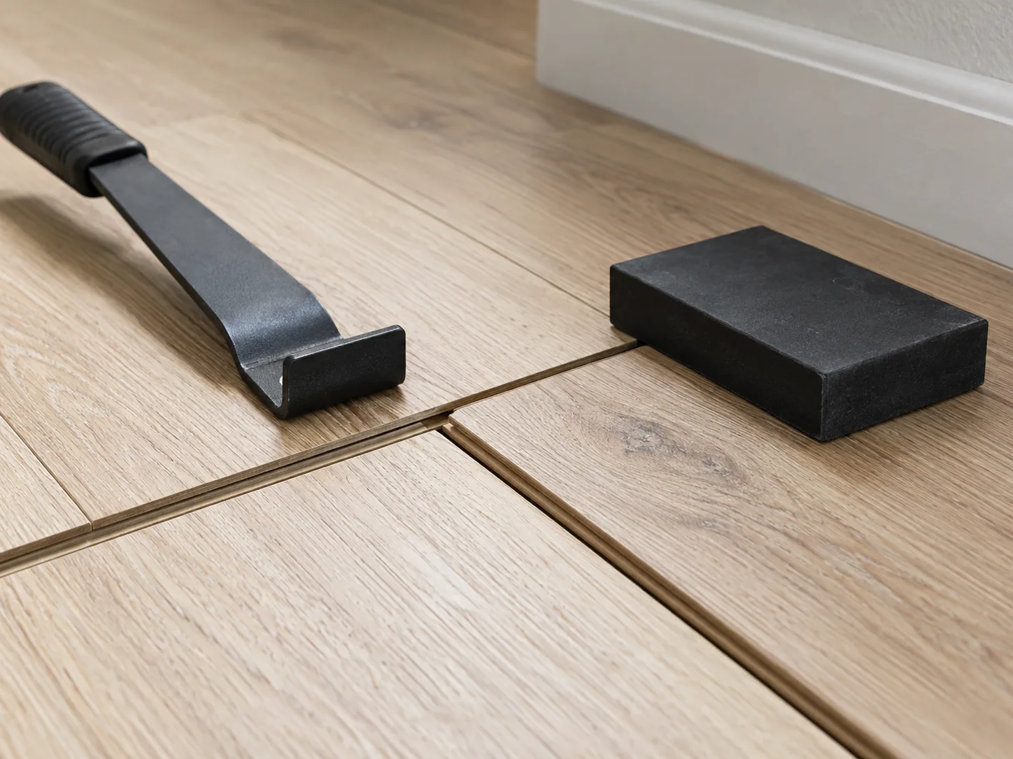 Laminate floor gap beside a pull bar and protective tapping block
